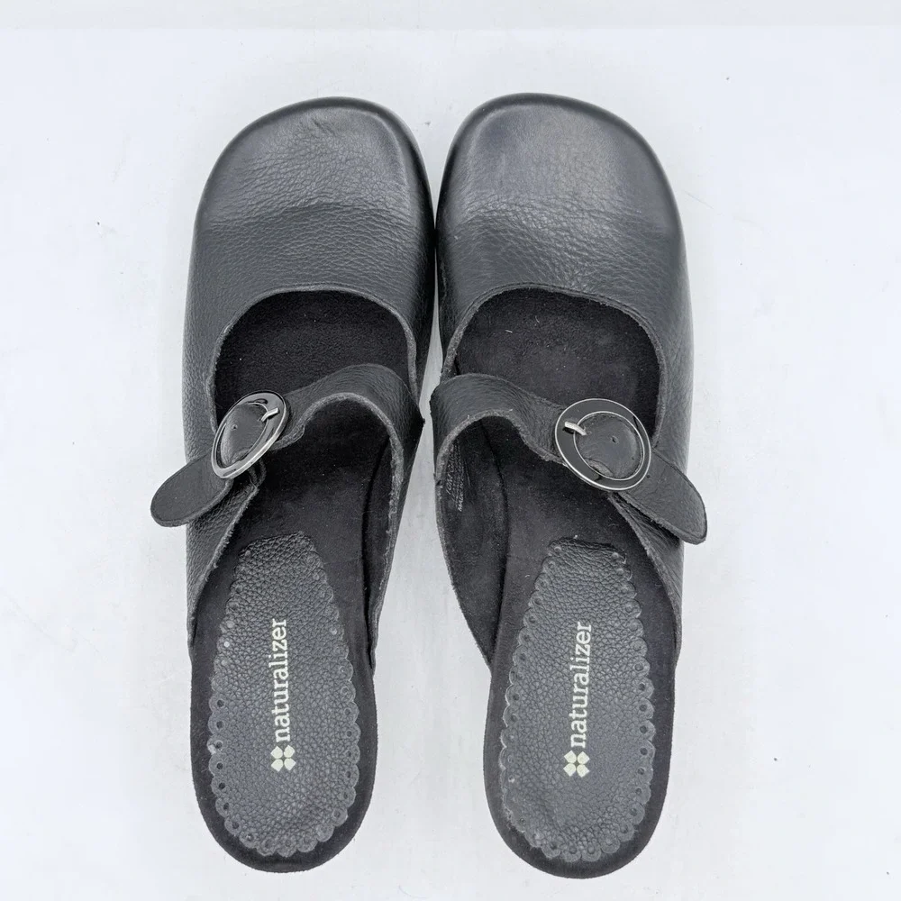 Naturalizer Gagan Black Leather Mary Jane Mules Wedge Shoes Buckle Women's Sz 10